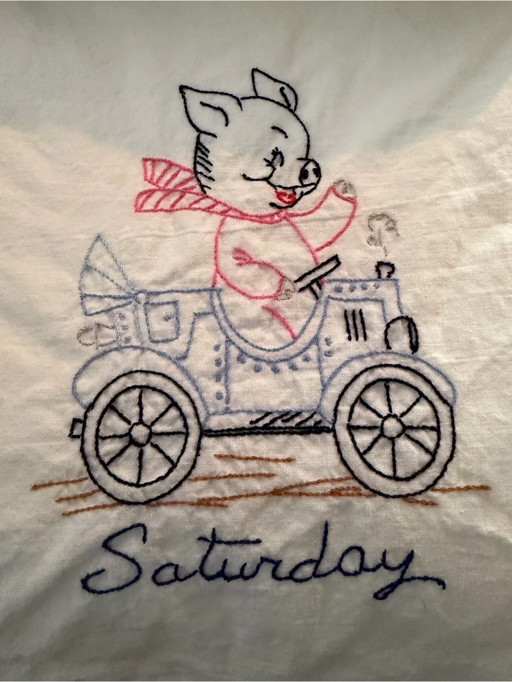 Embroidered Piglet Wheelbarrow Accent - White Fabric